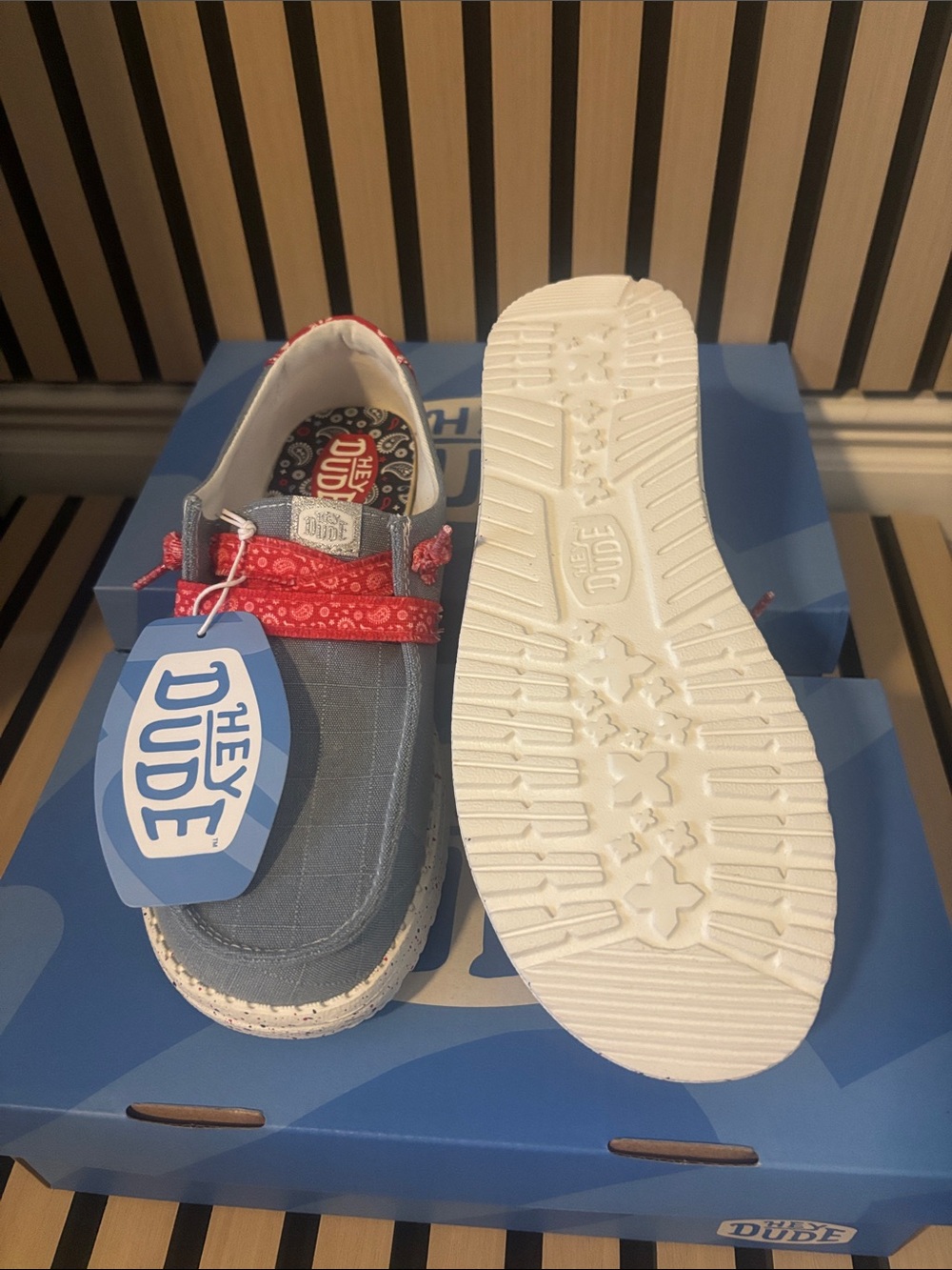 Hey Dude Light Blue Slip-On Sneakers with Red Bandana Accents - Picture 5 of 7